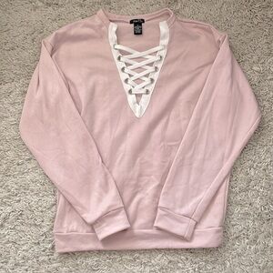 Rue 21 Blush Pink Varsity Lace Detail Pullover Sweatshirt, size M